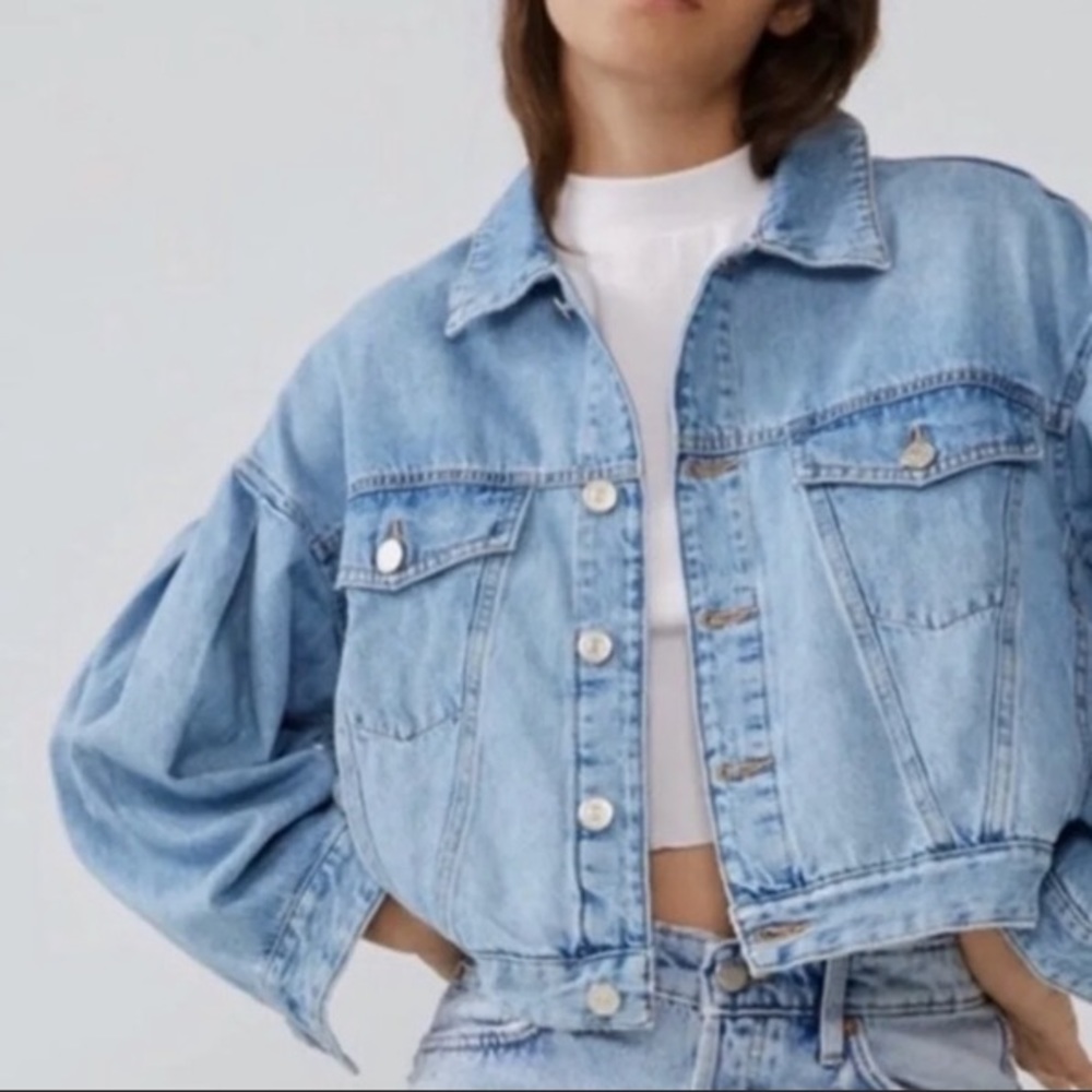 Zara Balloon Sleeves Cropped Denim Jacket Blue M - Picture 6 of 13